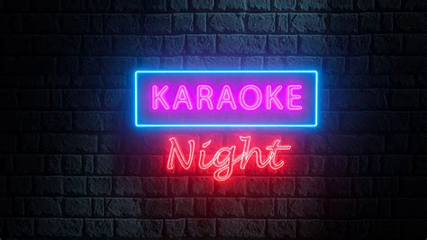 Brick wall at night with neon sign karaoke night. Advertising bright ...