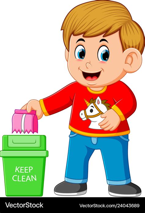 A boy keep clean environment by trush in rubbish Vector Image