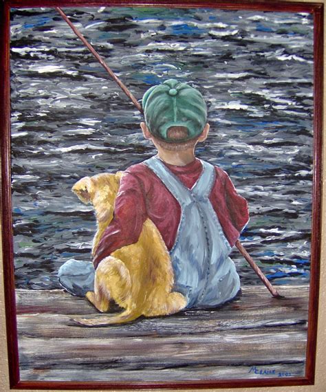 Painting of little boy and dog fishing . | Fishing painting canvas, Painting, Canvas painting