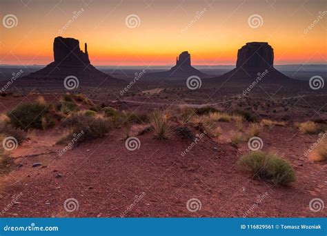 View on Merrick, East and West Mitten Butte and Sunrise. Stock Image ...