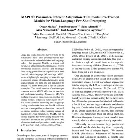 MAPL: Parameter-Efficient Adaptation of Unimodal Pre-Trained Models for ...