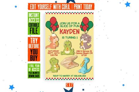 EDITABLE Dinosaur Pizza Party Birthday Invitation Dinosaur - Etsy