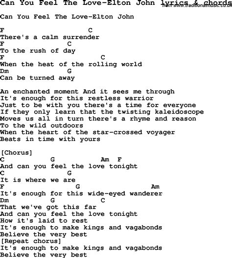 Love Song Lyrics for:Can You Feel The Love-Elton John with chords.