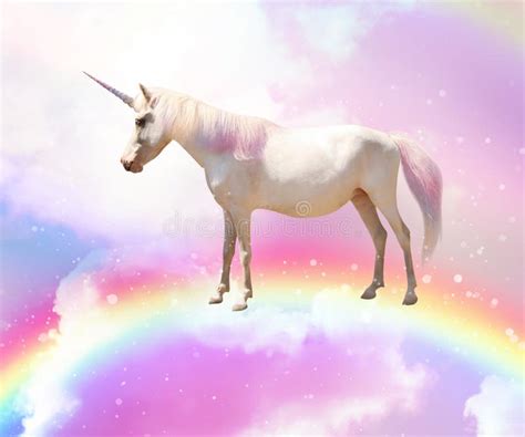 Magic Unicorn in Beautiful Sky with Rainbow and Fluffy Clouds. Fantasy ...