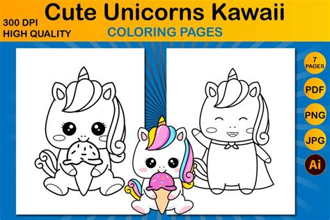 Cute Unicorns Kawaii Coloring Pages