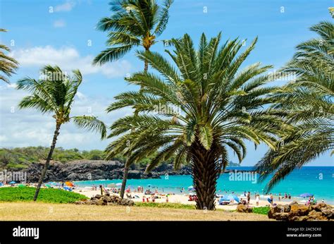 Crowd of beachgoers at Hapuna Beach, along the Big Island's Kohala ...