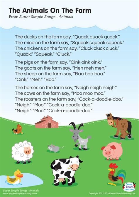 The Animals On The Farm Lyrics Poster - Super Simple | Farm songs, Farm animal songs, Farm theme ...