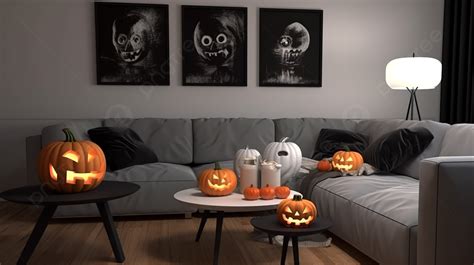 Living Room Halloween Party And Pumpkin 3d Render Background, Living ...