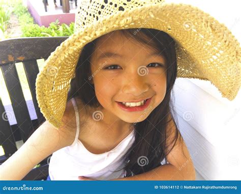 Asian Long Black Hair Girl is Wearing Straw Hat . she is Sitting Stock Photo - Image of ...