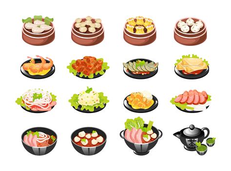 Chinese dishes color icons set. Dim sum types with meat and vegetables ...