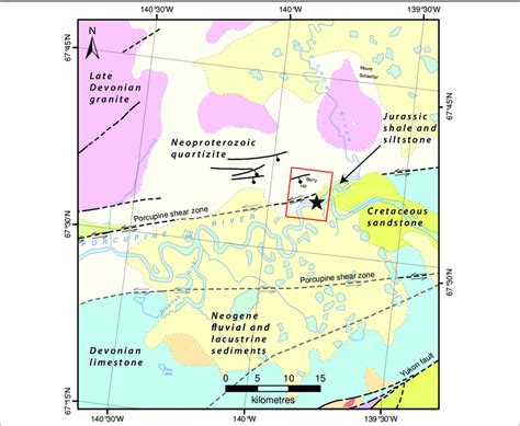 Bedrock geology surrounding the map area (outlined with red box). The... | Download Scientific ...