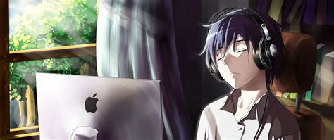 3440x1440 Anime Boy Crying In Front Of Apple Laptop UltraWide Quad HD ...