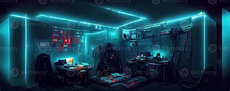 Generative AI illustration of messy and dark cyberpunk hacker hideout room with lights 22700446 ...
