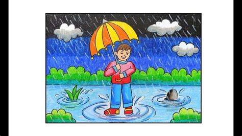 HOW TO DRAW RAINY DAY DRAWING STEP BY STEP/RAINY SEASON DRAWING/EASY RAINY SEASON SCENERY/RAINY ...