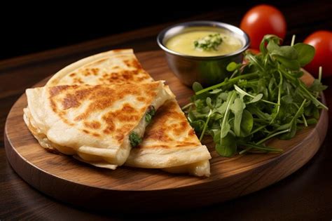 Premium Photo | Chicken quesadilla on wooden plate les nabis style