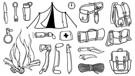 Survival Gear Kit Vector illustration. Bushcraft Outdoor Adventure ...