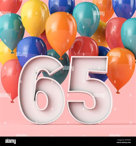 Happy 65th birthday background with colourful balloons. 3D Rendering ...