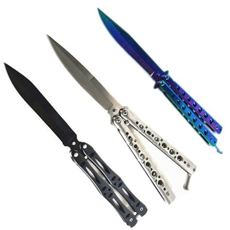 3 x Butterfly Knife Batangas Fan Knife - Black + Silver + Iridescent ...