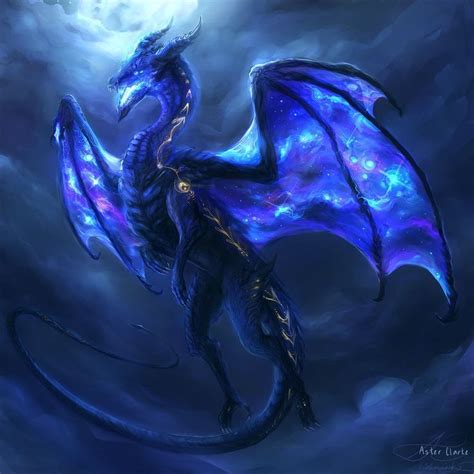 a blue dragon sitting on top of a cloud filled sky