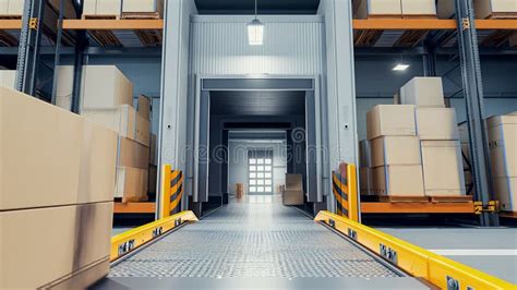 Boxes and Box Loaders in a Warehouse, Rows of Shelves with Boxe Stock ...