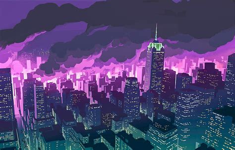 Anime city purple HD wallpaper | Pxfuel