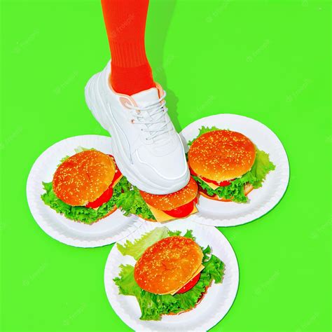 Premium Photo | Fashion sporty white sneakers with burgers minimal creative fast food concept art