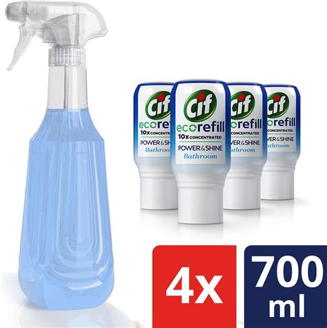 Cif Bathroom Cleaning Bundle (Pack of 4 x Cif Power & Shine Bathroom Spray Eco Refills & Empty ...