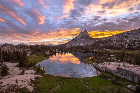 Fire in the Sky. Sunrise at Upper Cathedral Lake, Yosemite National Park [OC][5457x3638] : r ...