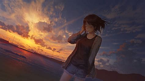 HD wallpaper: beach, sunset, anime girls, sunlight, sky, outdoors ...