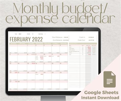 Monthly Budget Calendar Google Spreadsheet Template Excel Budget ...