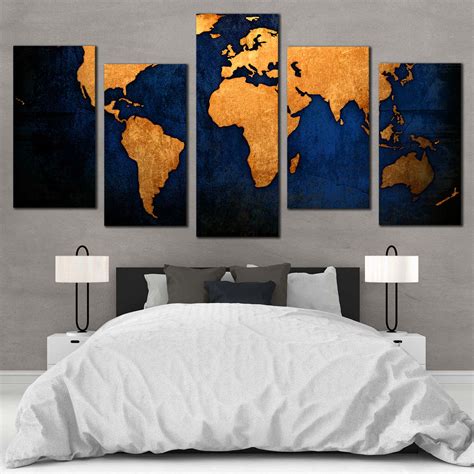 World Map Canvas Wall Art, Blue Background World Map 5 Piece Multi Can ...