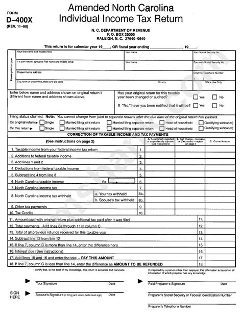 Fillable Form D-400x - Amended North Carolina Individual Income Tax ...