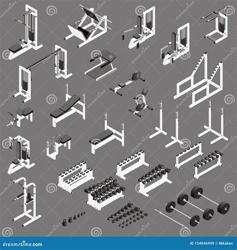 Gym Equipment and Machines Isometric Set. Vector Stock Vector - Illustration of rowing ...