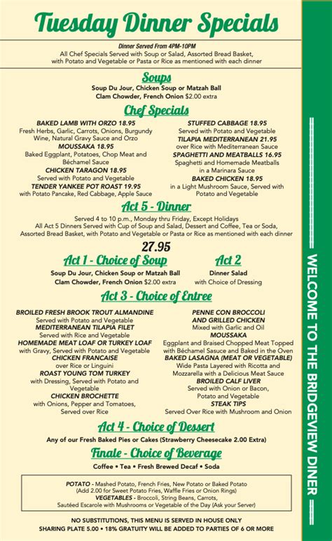 Dinner Specials Menu — Bridgeview Diner