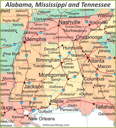 Map of Alabama, Mississippi and Tennessee - Ontheworldmap.com