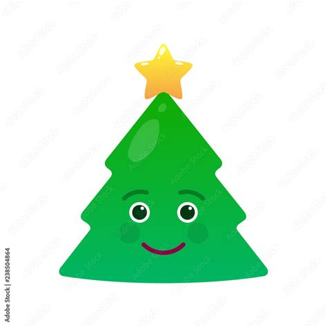 Happy Christmas tree isolated emoticon. Smiling green fir tree with decoration emoji. Merry ...