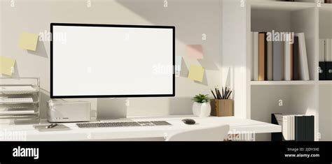 Modern white workspace interior, PC desktop computer mockup on a white ...