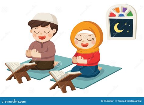 Muslim Kids Praying and Reading Quran the Holy Book of Islam Stock Vector - Illustration of ...