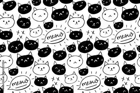 Cat pattern. Seamless background with black and white hand drawn cats and meow word. Cute pet ...