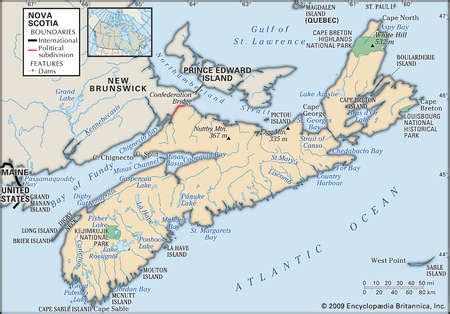 Stock Illustration - Physical map of Nova Scotia, Canada, showing major national parks, lakes ...