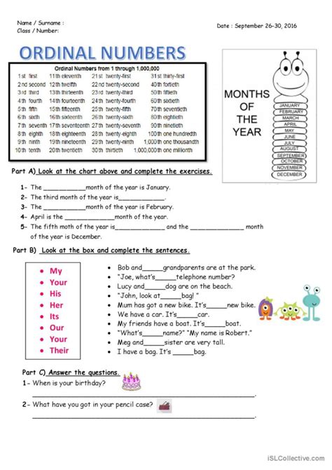 Ordinal Numbers Worksheet