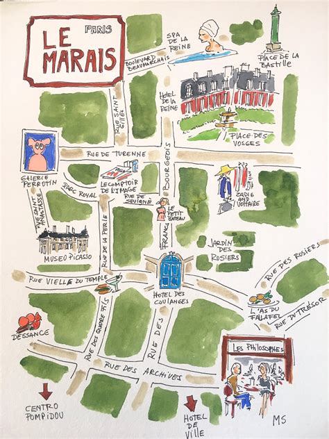 Mapa ilustrado de Le Marais, un paseo ineludible en un viaje a París