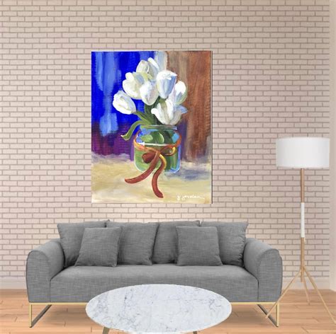 Original Painting, Original White Tulip Painting, Wall Art, Hand Painted in US, Any Size