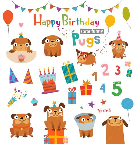 Premium Vector | Funny cartoon pugs and design elements for birthday card