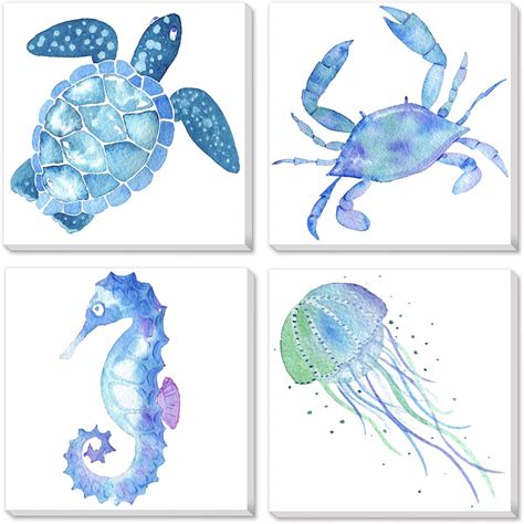 Amazon.com: Texture of Dreams Watercolor Sea Animals Painting on Canvas Wall Art, Sea Turtle ...