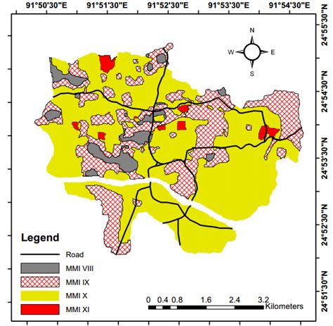 A map showing major roads of Sylhet city overlaid on the MMI map ...