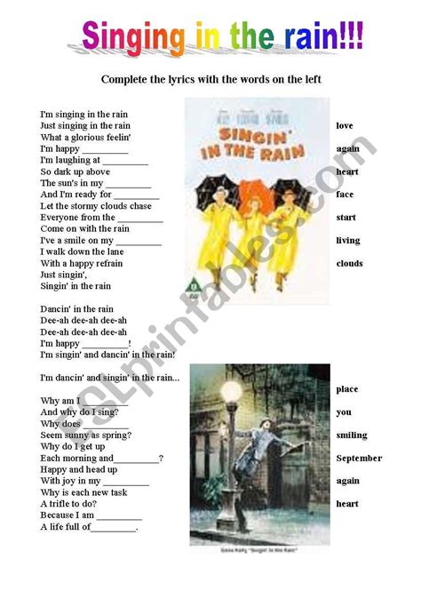 SONG "Singing in the rain" - worksheet + video link + key - ESL ...