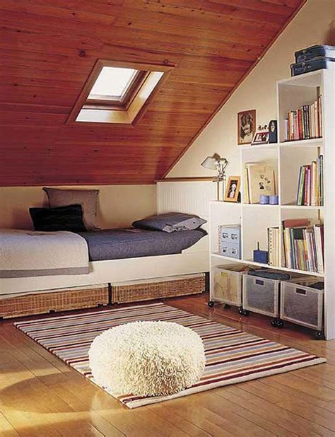 Attic Bedroom Ideas With Cozy Carpet White and White Bookcase and Plastic Compartment and Wooden ...