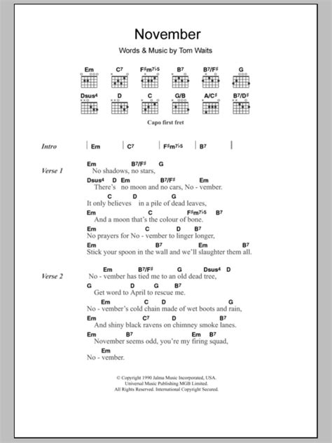 November Sheet Music | Tom Waits | Guitar Chords/Lyrics