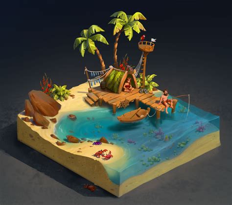 island, Nikolay Elizarev on ArtStation at https://www.artstation.com/artwork/v14WqY | Isometric ...